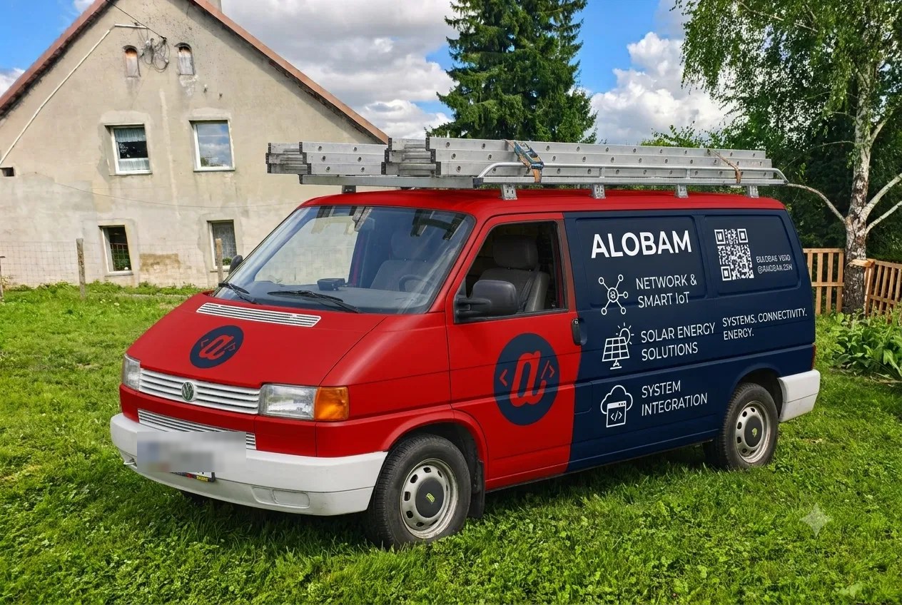 The Alobam service van on site, ladder rack loaded