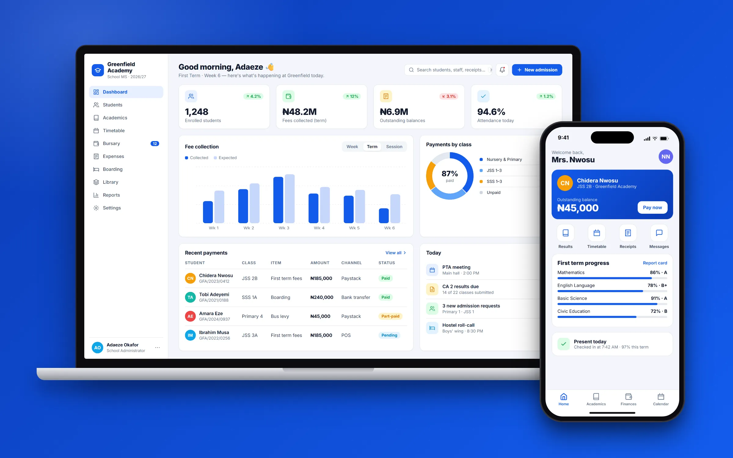 School Management System — laptop + phone mockup